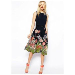 ASOS Black Midi Skater Floral Border Print Dress